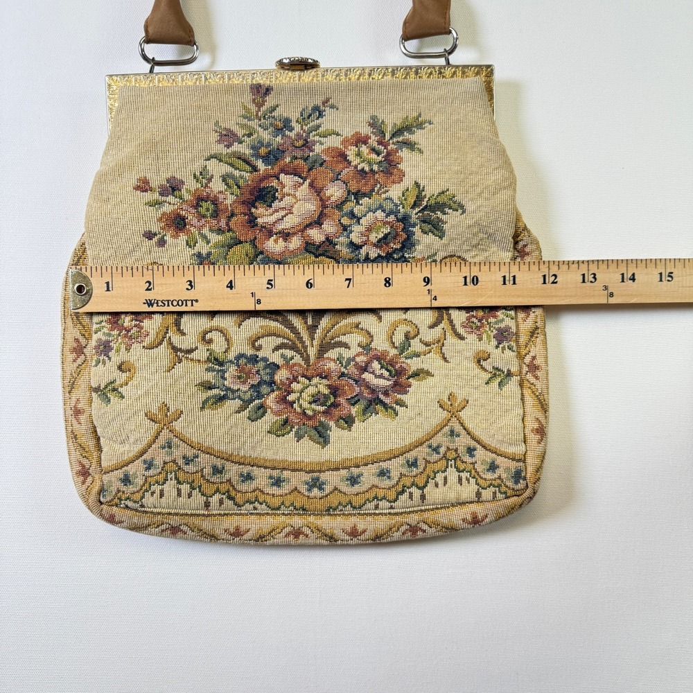 Vintage Beige Floral Tapestry Needlepoint Kiss Lock Shoulder Bag Medium - Picture 6 of 7